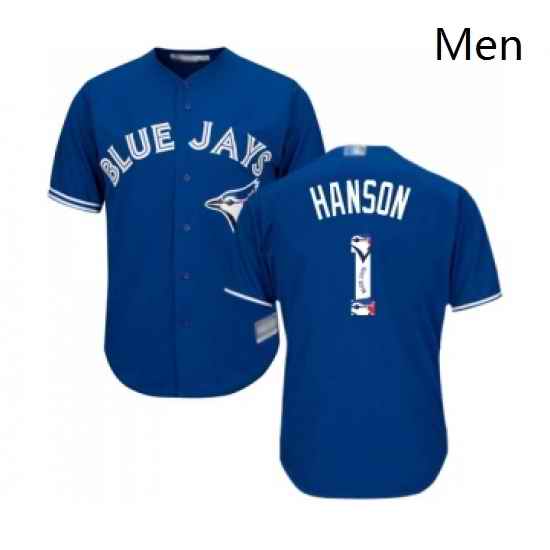 Mens Toronto Blue Jays 1 Alen Hanson Authentic Blue Team Logo Fashion Baseball Jersey